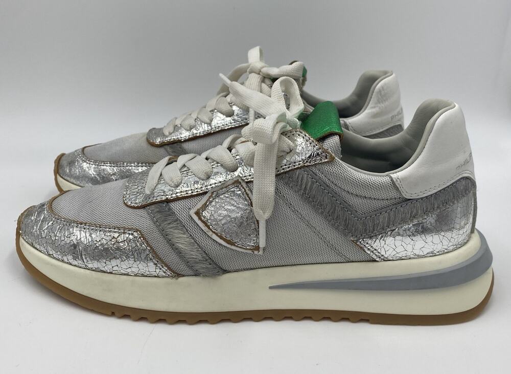 Philippe Model Paris Tropez 2.0 Sneakers White Silver Crackle Size 8 8.5 EUR 39